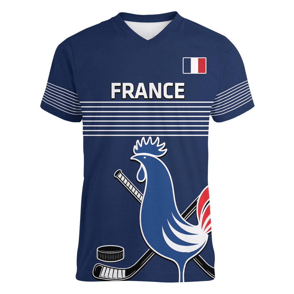 Custom France Hockey Women V-Neck T-Shirt Francaise Gallic Rooster