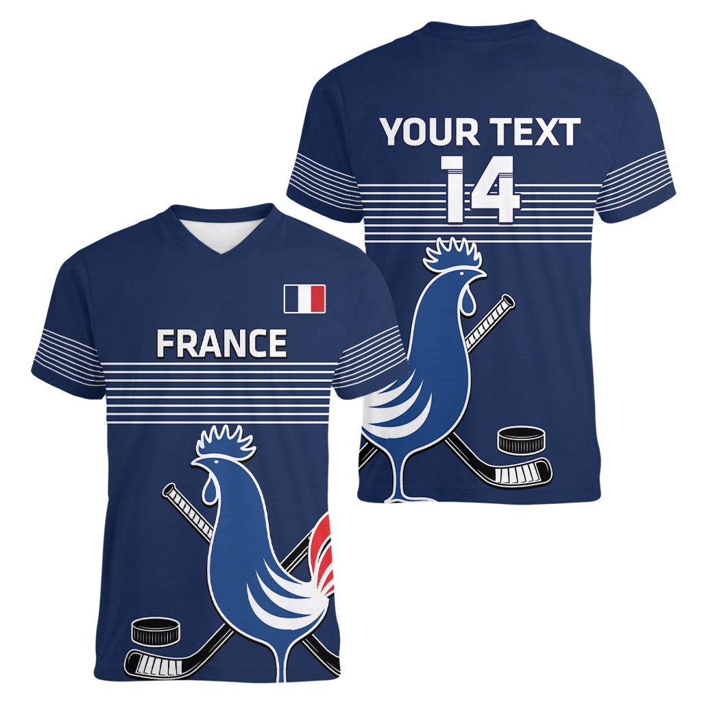 Custom France Hockey Women V-Neck T-Shirt Francaise Gallic Rooster - Wonder Print Shop