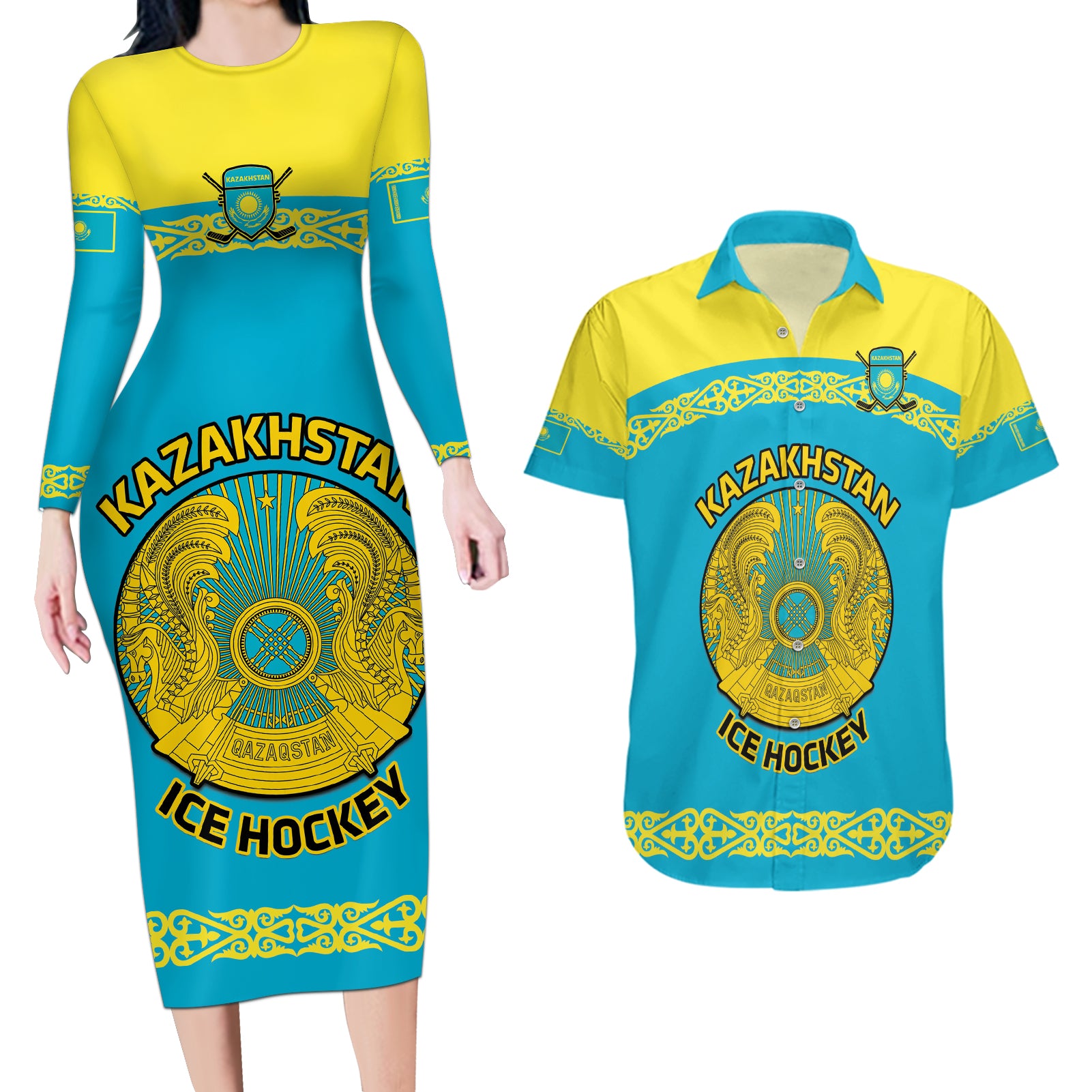 Custom Kazakhstan Hockey Couples Matching Long Sleeve Bodycon Dress and Hawaiian Shirt 2024 Go Kazakh