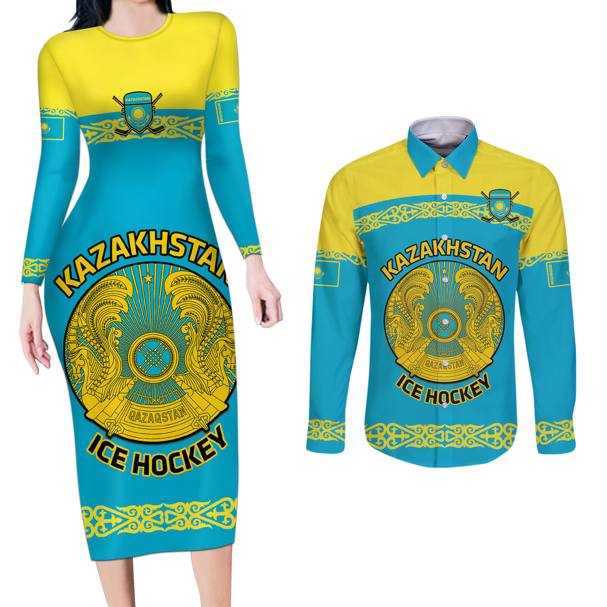 Custom Kazakhstan Hockey Couples Matching Long Sleeve Bodycon Dress and Long Sleeve Button Shirt 2024 Go Kazakh - Wonder Print Shop