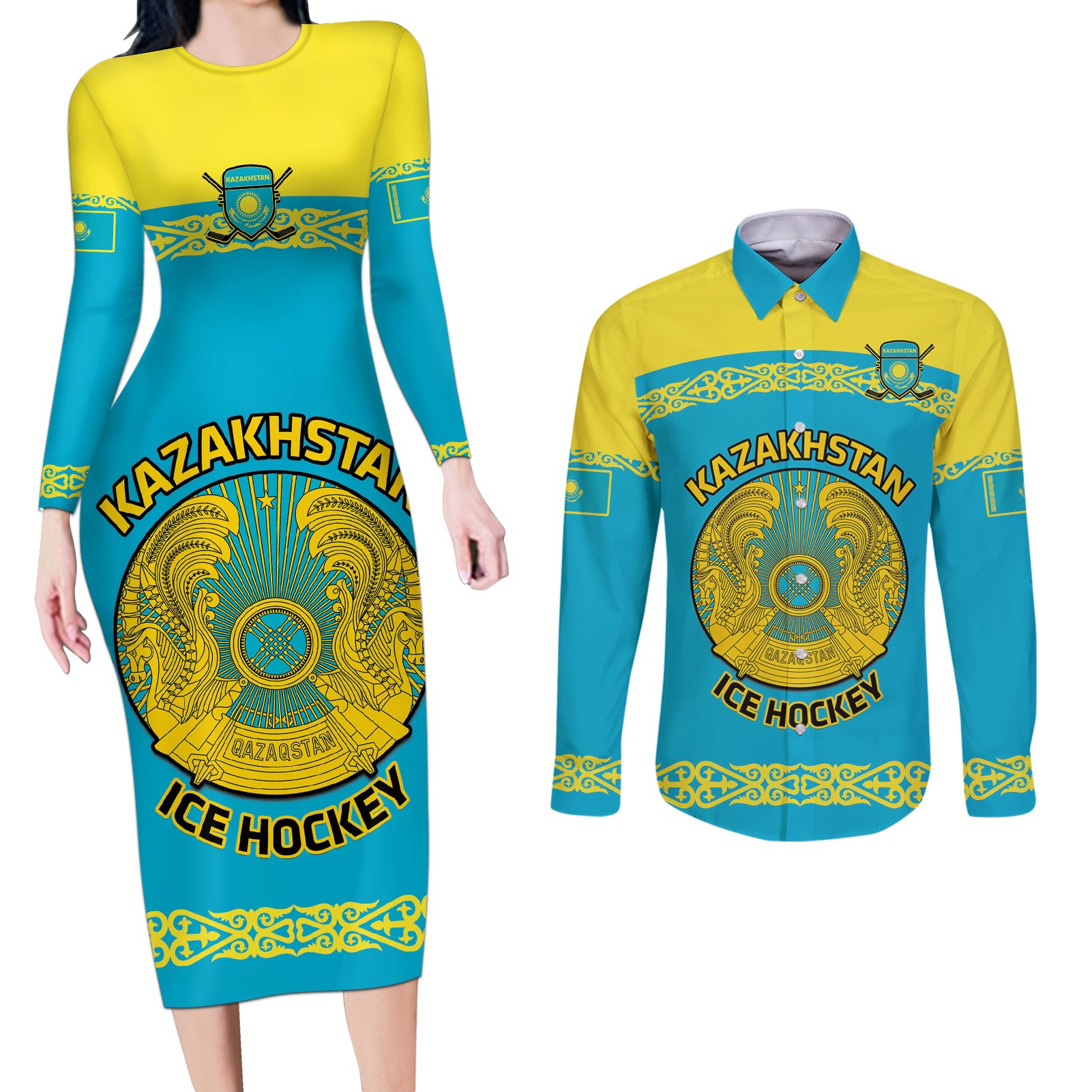 Custom Kazakhstan Hockey Couples Matching Long Sleeve Bodycon Dress and Long Sleeve Button Shirt 2024 Go Kazakh