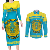 Custom Kazakhstan Hockey Couples Matching Long Sleeve Bodycon Dress and Long Sleeve Button Shirt 2024 Go Kazakh - Wonder Print Shop