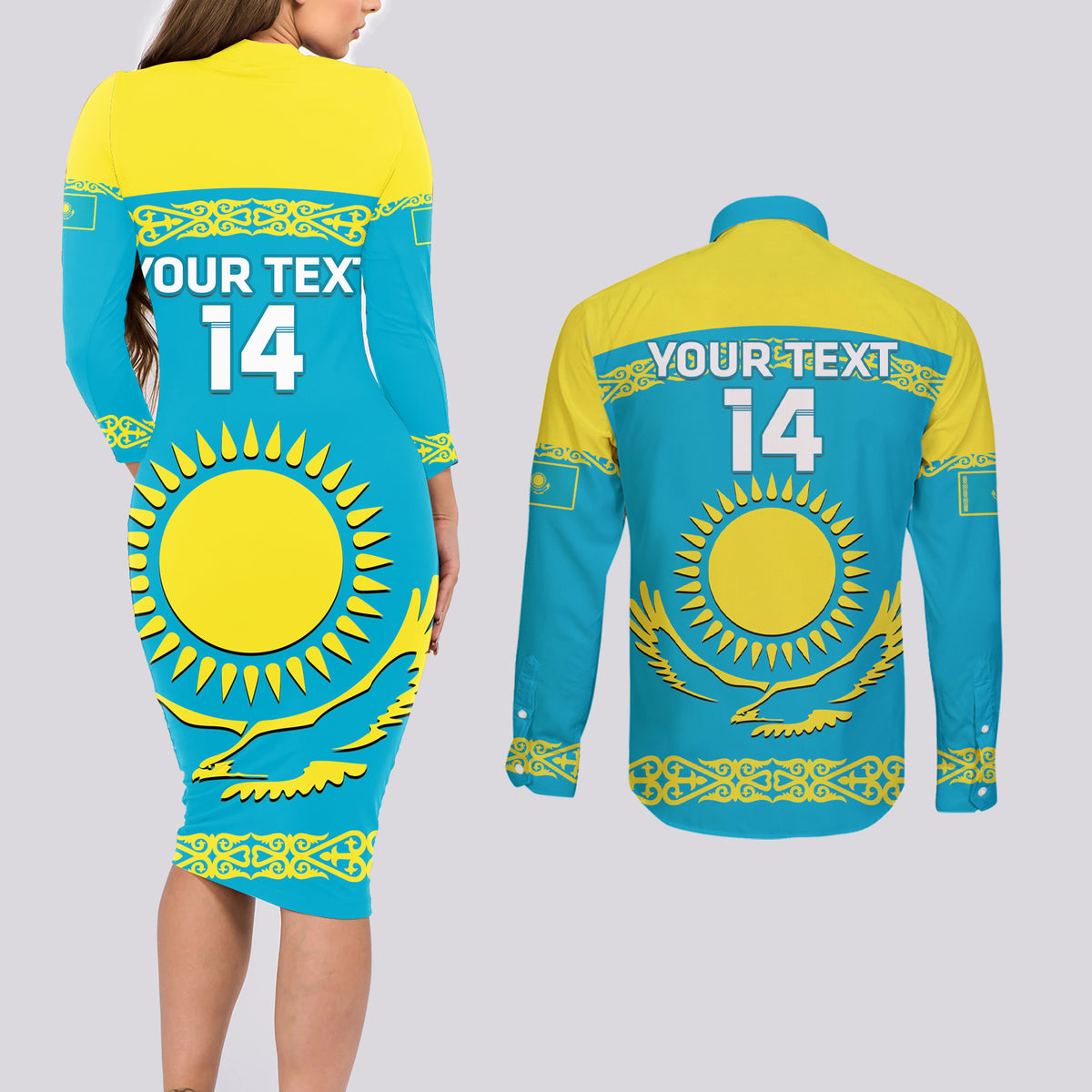 Custom Kazakhstan Hockey Couples Matching Long Sleeve Bodycon Dress and Long Sleeve Button Shirt 2024 Go Kazakh - Wonder Print Shop