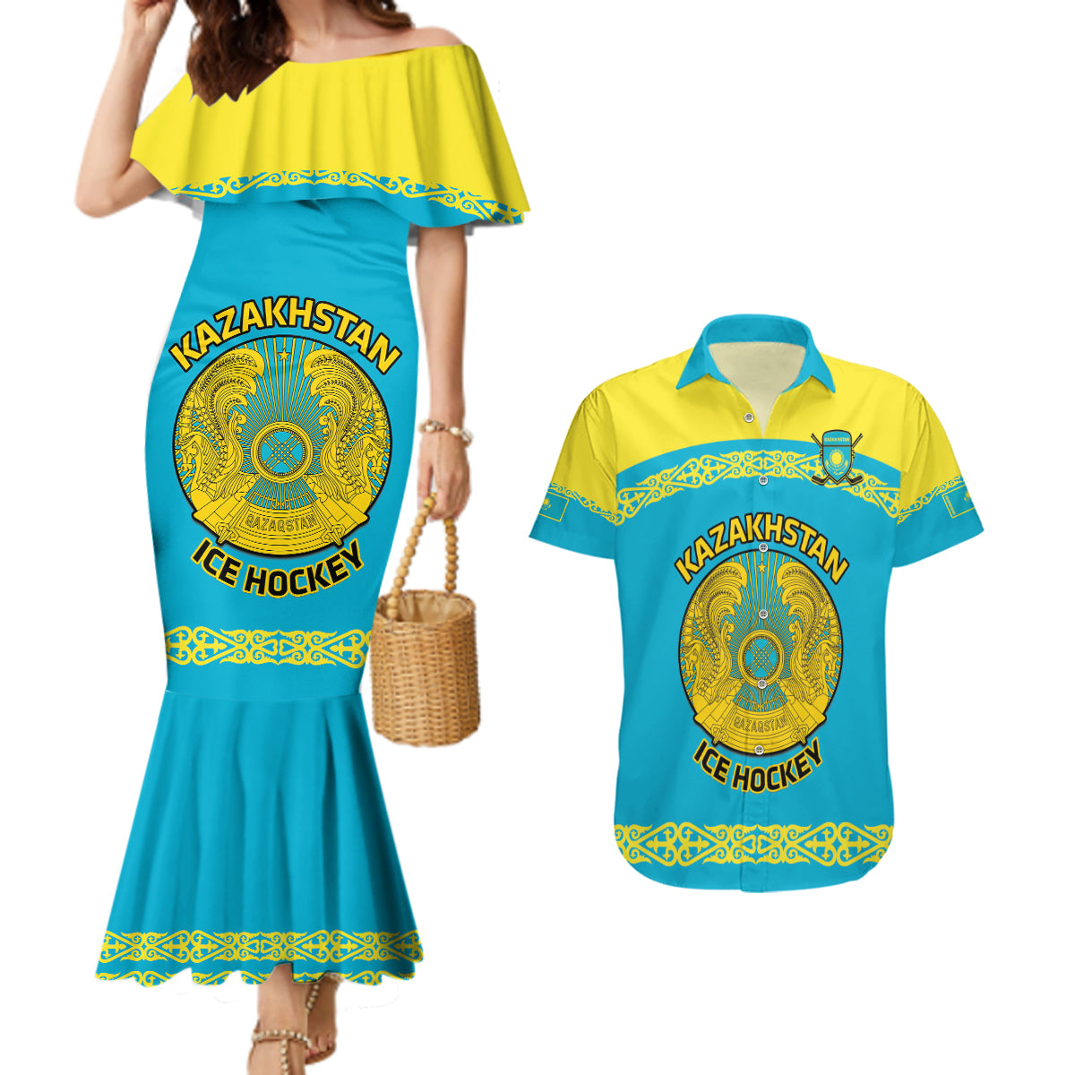 Custom Kazakhstan Hockey Couples Matching Mermaid Dress and Hawaiian Shirt 2024 Go Kazakh