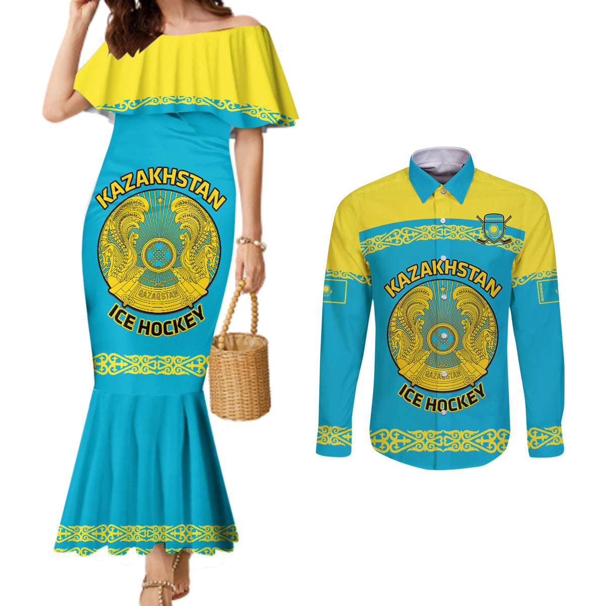 Custom Kazakhstan Hockey Couples Matching Mermaid Dress and Long Sleeve Button Shirt 2024 Go Kazakh