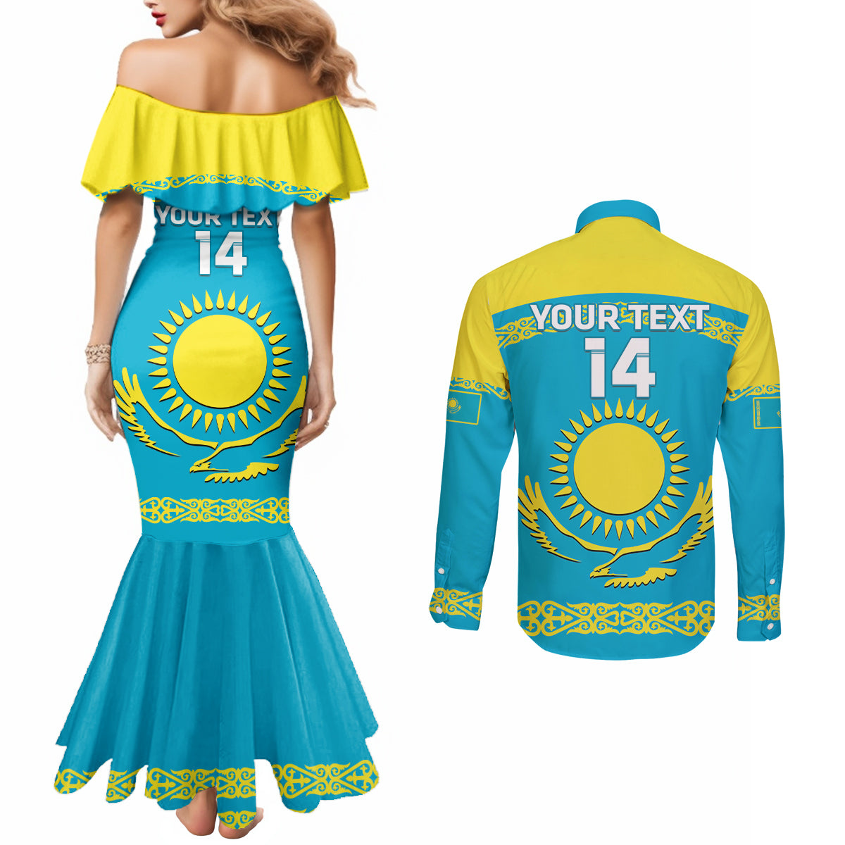 Custom Kazakhstan Hockey Couples Matching Mermaid Dress and Long Sleeve Button Shirt 2024 Go Kazakh