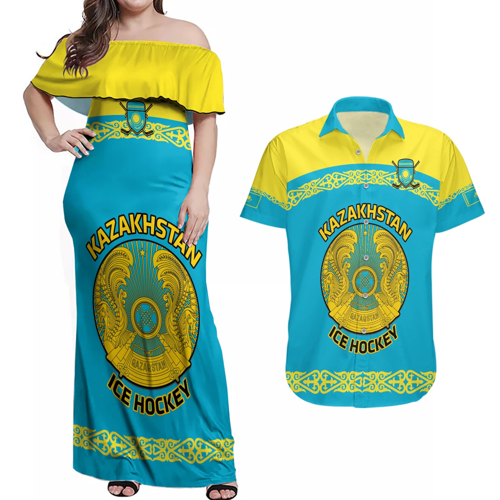 Custom Kazakhstan Hockey Couples Matching Off Shoulder Maxi Dress and Hawaiian Shirt 2024 Go Kazakh