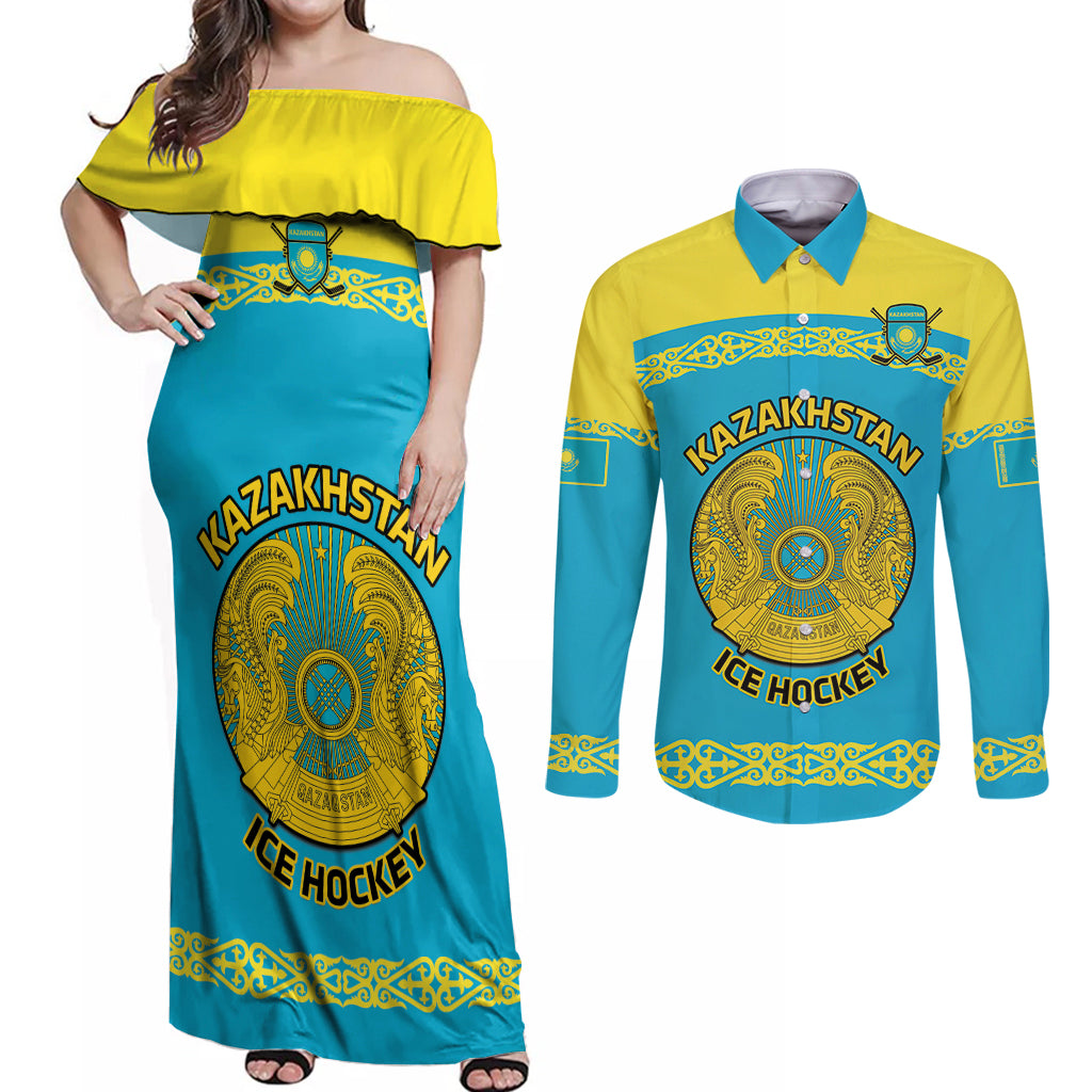 Custom Kazakhstan Hockey Couples Matching Off Shoulder Maxi Dress and Long Sleeve Button Shirt 2024 Go Kazakh