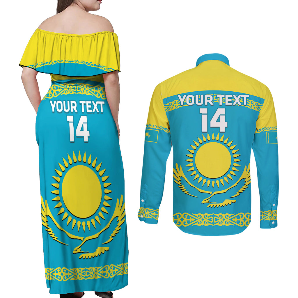 Custom Kazakhstan Hockey Couples Matching Off Shoulder Maxi Dress and Long Sleeve Button Shirt 2024 Go Kazakh - Wonder Print Shop