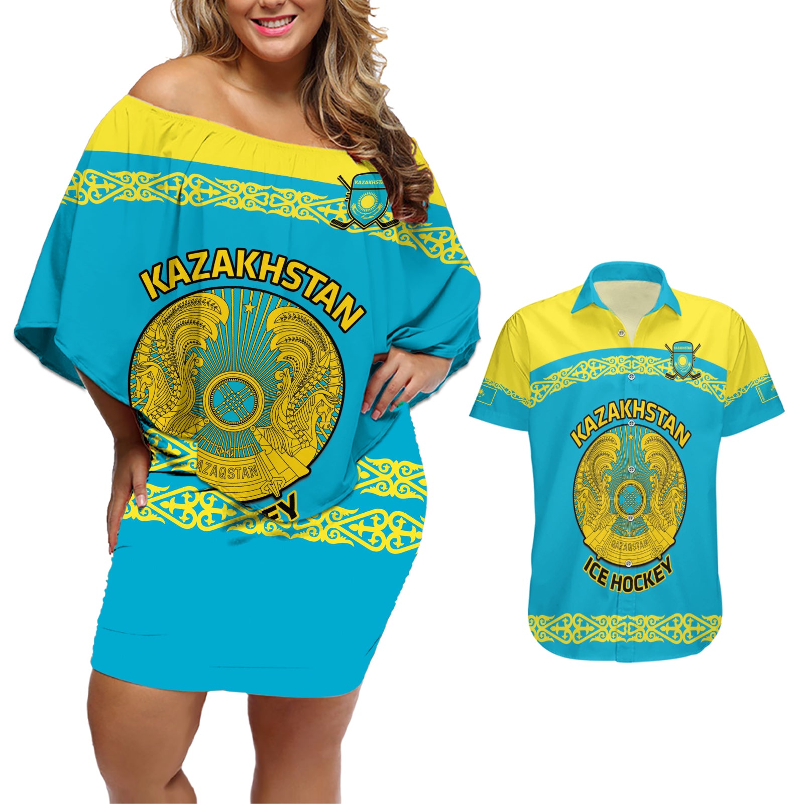 Custom Kazakhstan Hockey Couples Matching Off Shoulder Short Dress and Hawaiian Shirt 2024 Go Kazakh