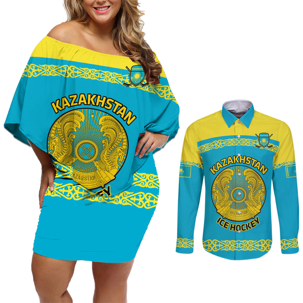 Custom Kazakhstan Hockey Couples Matching Off Shoulder Short Dress and Long Sleeve Button Shirt 2024 Go Kazakh