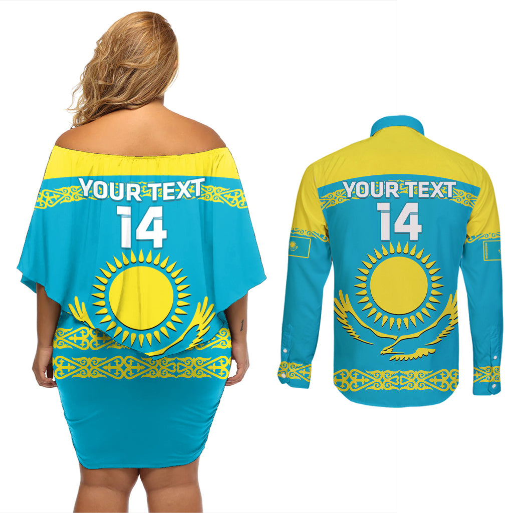 Custom Kazakhstan Hockey Couples Matching Off Shoulder Short Dress and Long Sleeve Button Shirt 2024 Go Kazakh - Wonder Print Shop