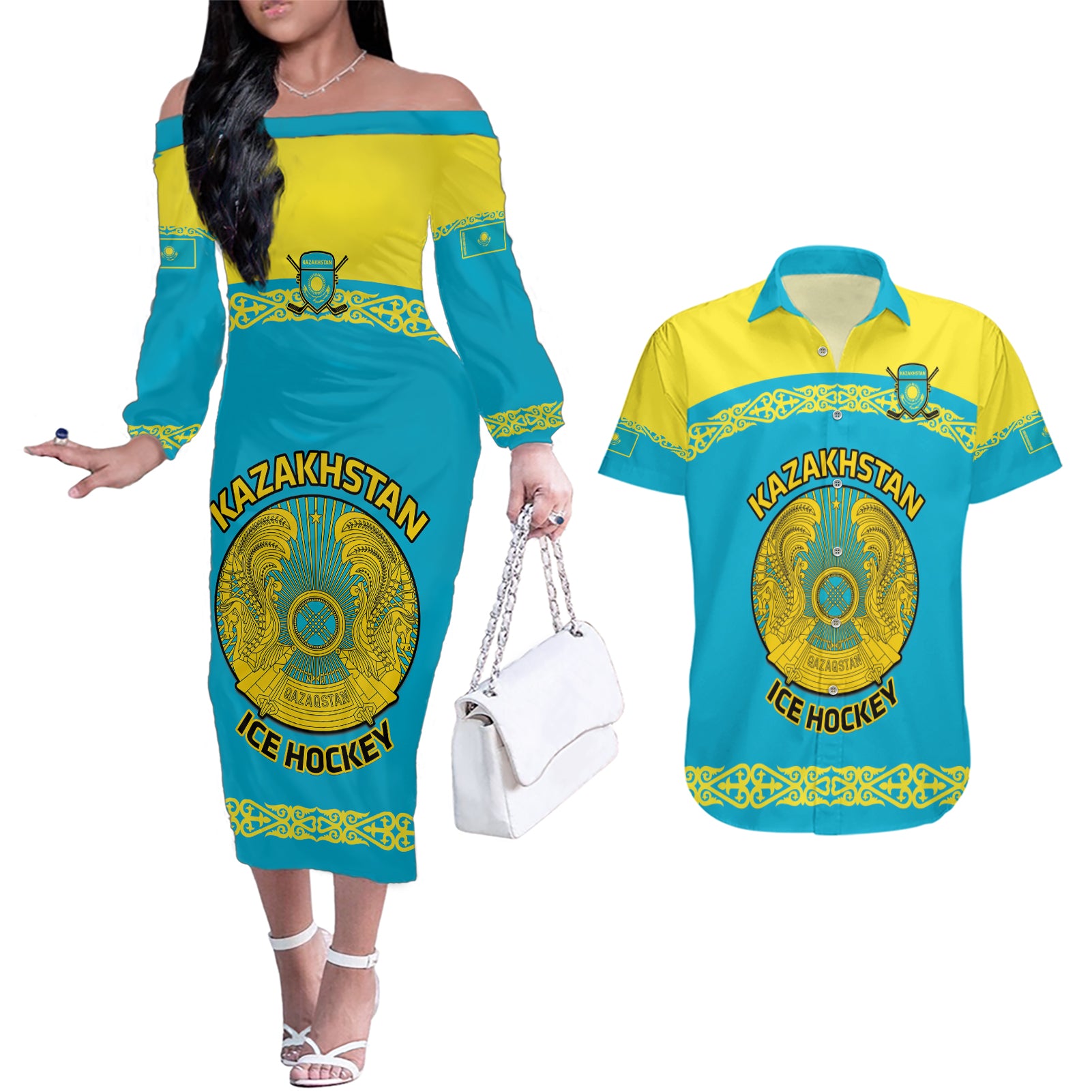 Custom Kazakhstan Hockey Couples Matching Off The Shoulder Long Sleeve Dress and Hawaiian Shirt 2024 Go Kazakh