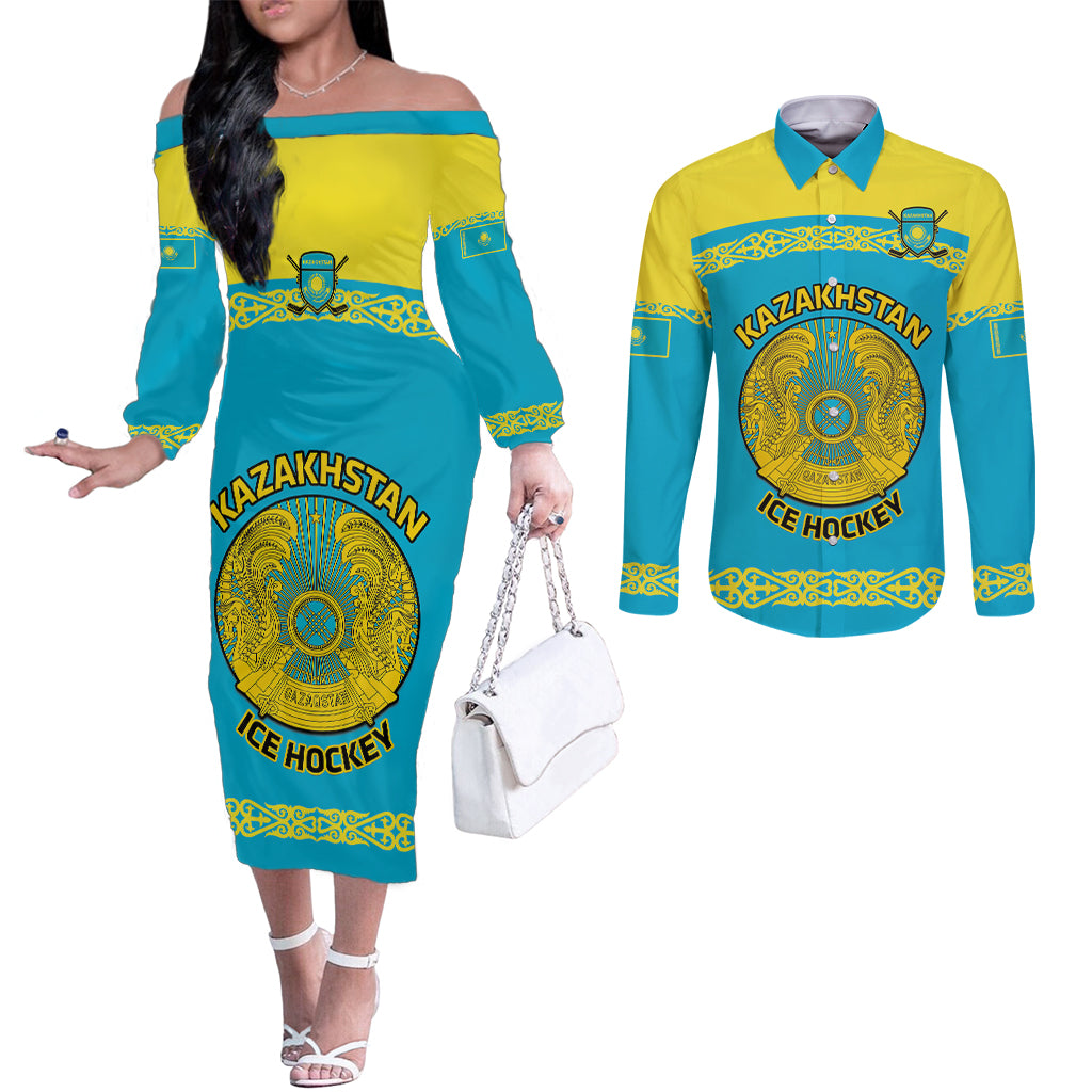 Custom Kazakhstan Hockey Couples Matching Off The Shoulder Long Sleeve Dress and Long Sleeve Button Shirt 2024 Go Kazakh