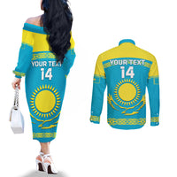 Custom Kazakhstan Hockey Couples Matching Off The Shoulder Long Sleeve Dress and Long Sleeve Button Shirt 2024 Go Kazakh