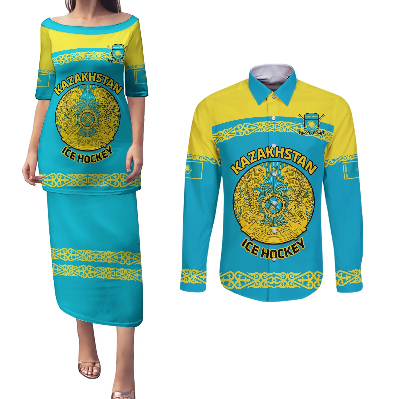 Custom Kazakhstan Hockey Couples Matching Puletasi and Long Sleeve Button Shirt 2024 Go Kazakh