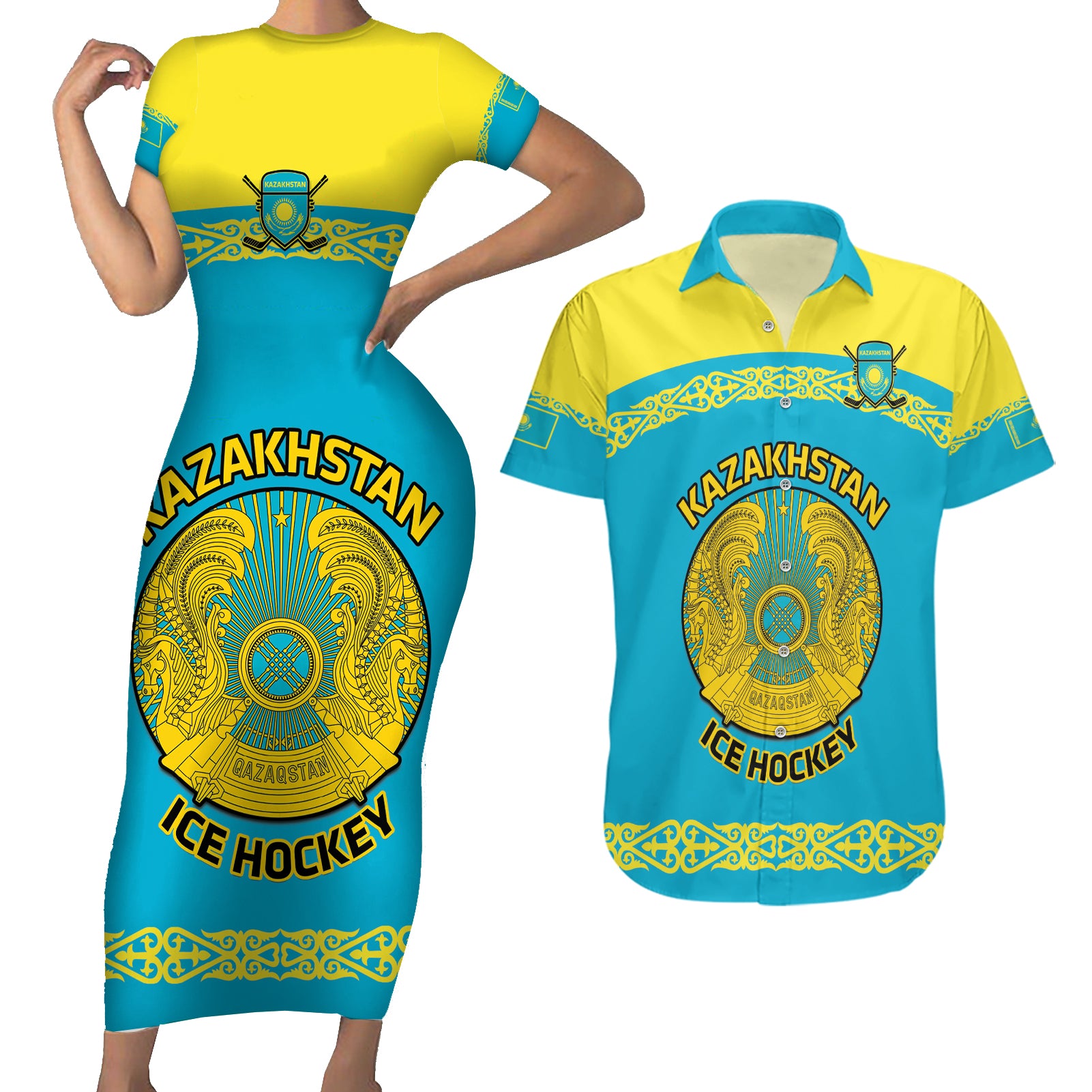 Custom Kazakhstan Hockey Couples Matching Short Sleeve Bodycon Dress and Hawaiian Shirt 2024 Go Kazakh