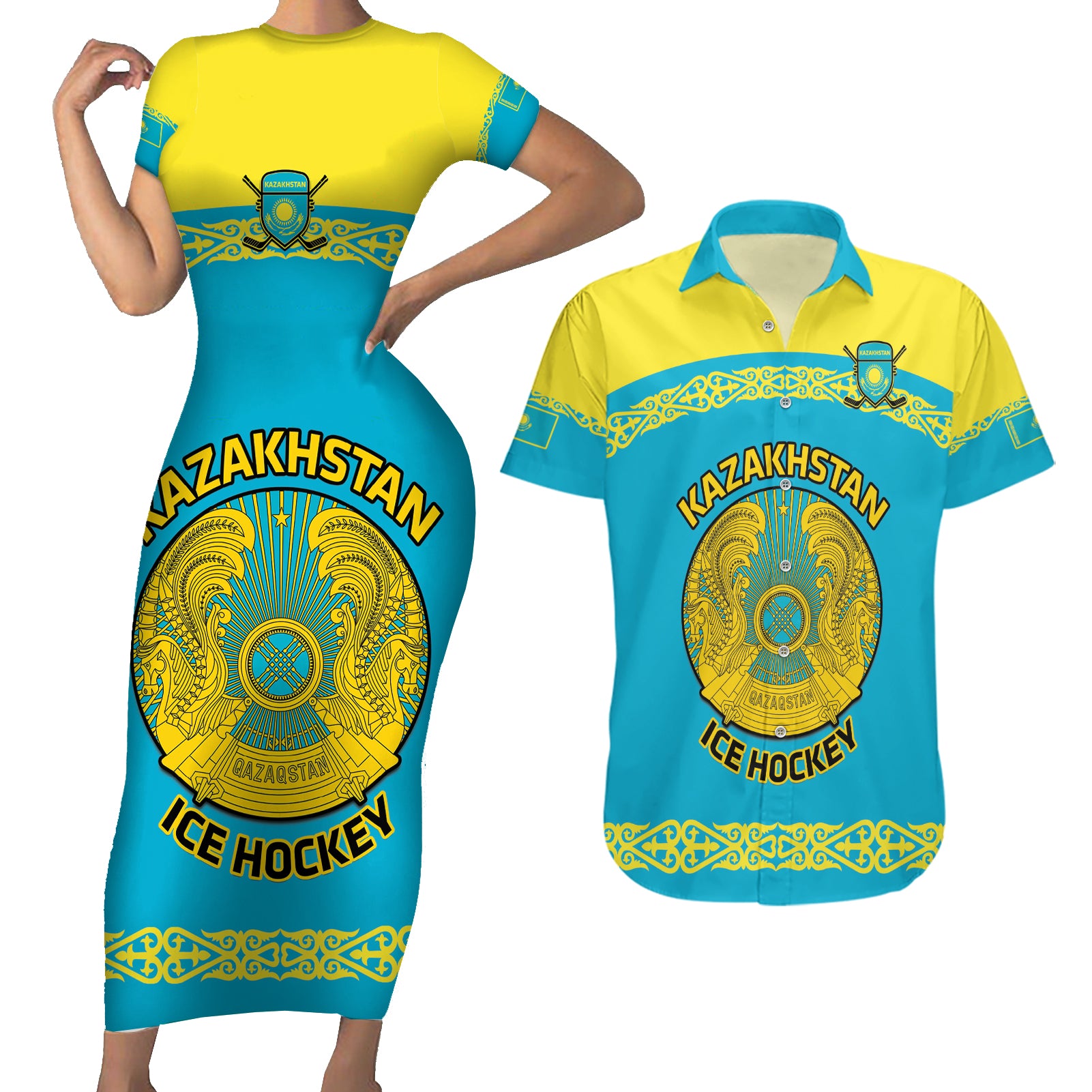 Custom Kazakhstan Hockey Couples Matching Short Sleeve Bodycon Dress and Hawaiian Shirt 2024 Go Kazakh - Wonder Print Shop