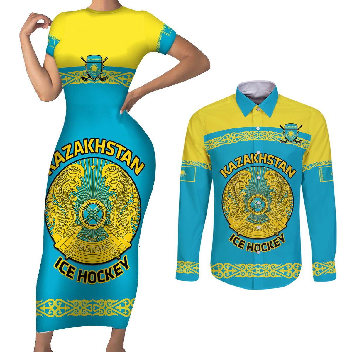 Custom Kazakhstan Hockey Couples Matching Short Sleeve Bodycon Dress and Long Sleeve Button Shirt 2024 Go Kazakh - Wonder Print Shop