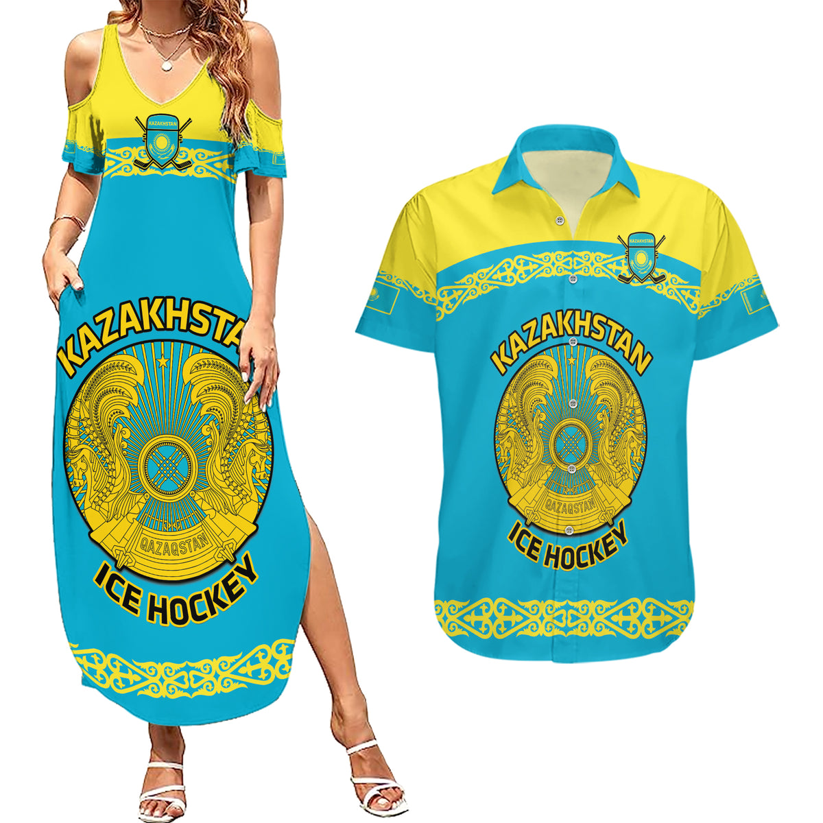 Custom Kazakhstan Hockey Couples Matching Summer Maxi Dress and Hawaiian Shirt 2024 Go Kazakh - Wonder Print Shop