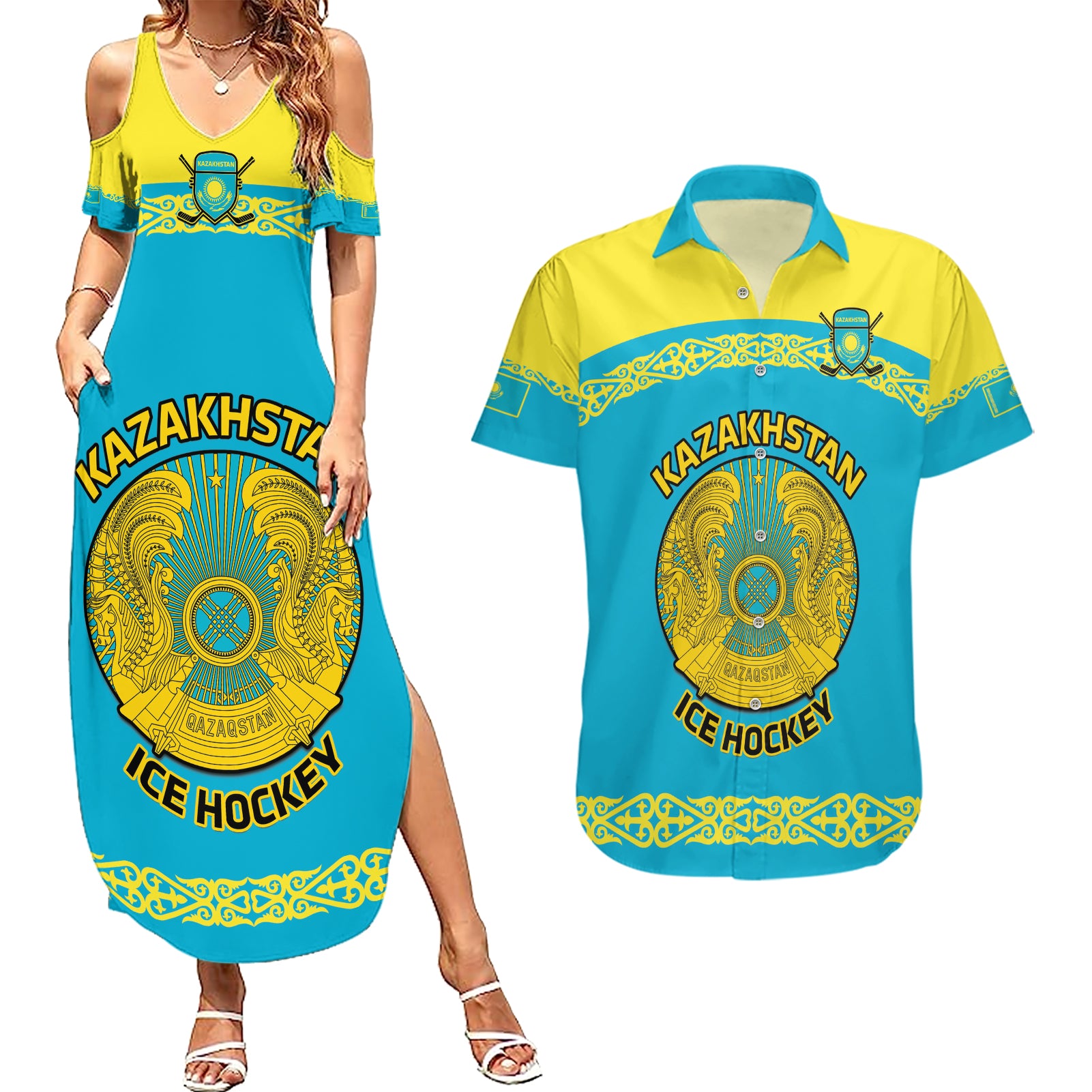 Custom Kazakhstan Hockey Couples Matching Summer Maxi Dress and Hawaiian Shirt 2024 Go Kazakh