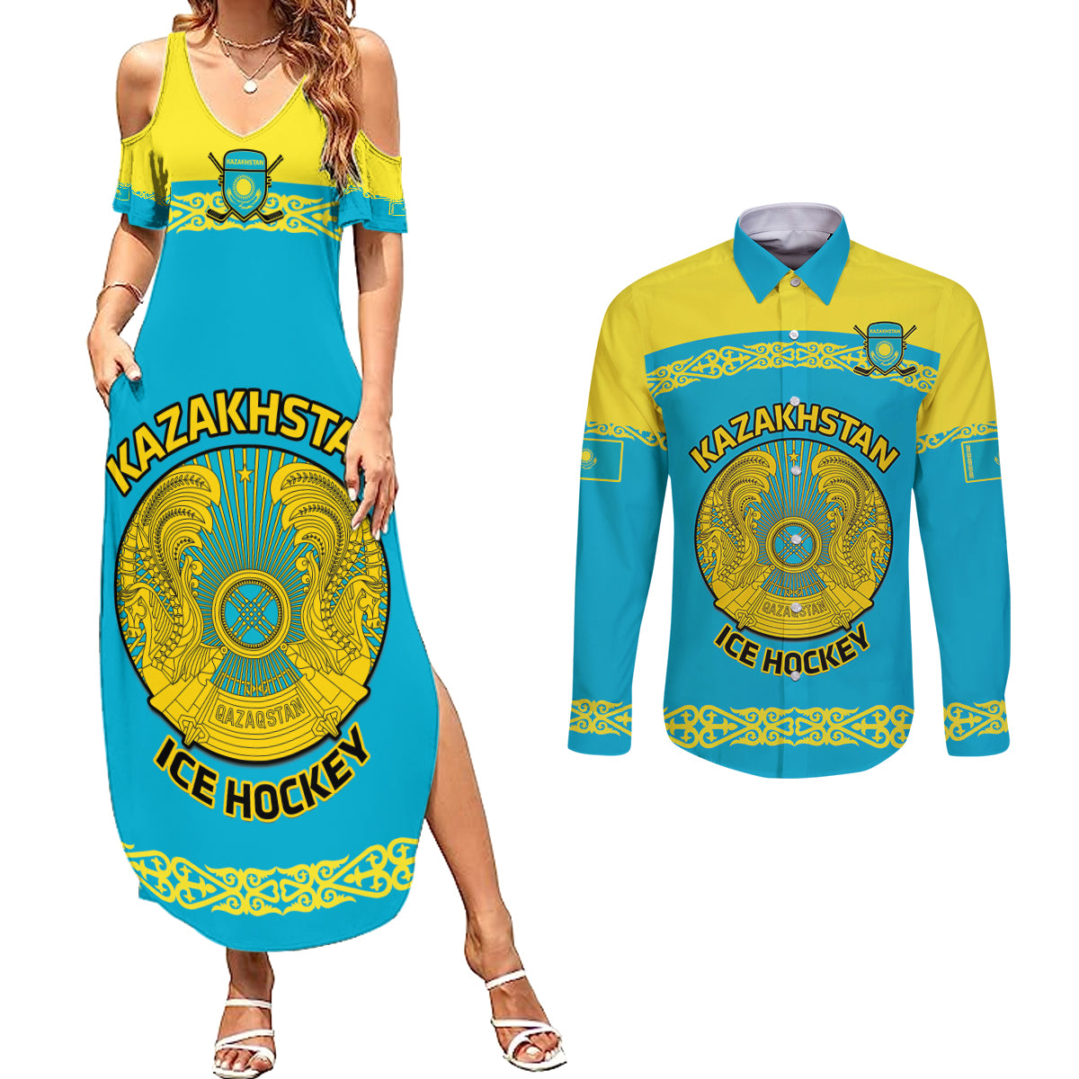 Custom Kazakhstan Hockey Couples Matching Summer Maxi Dress and Long Sleeve Button Shirt 2024 Go Kazakh