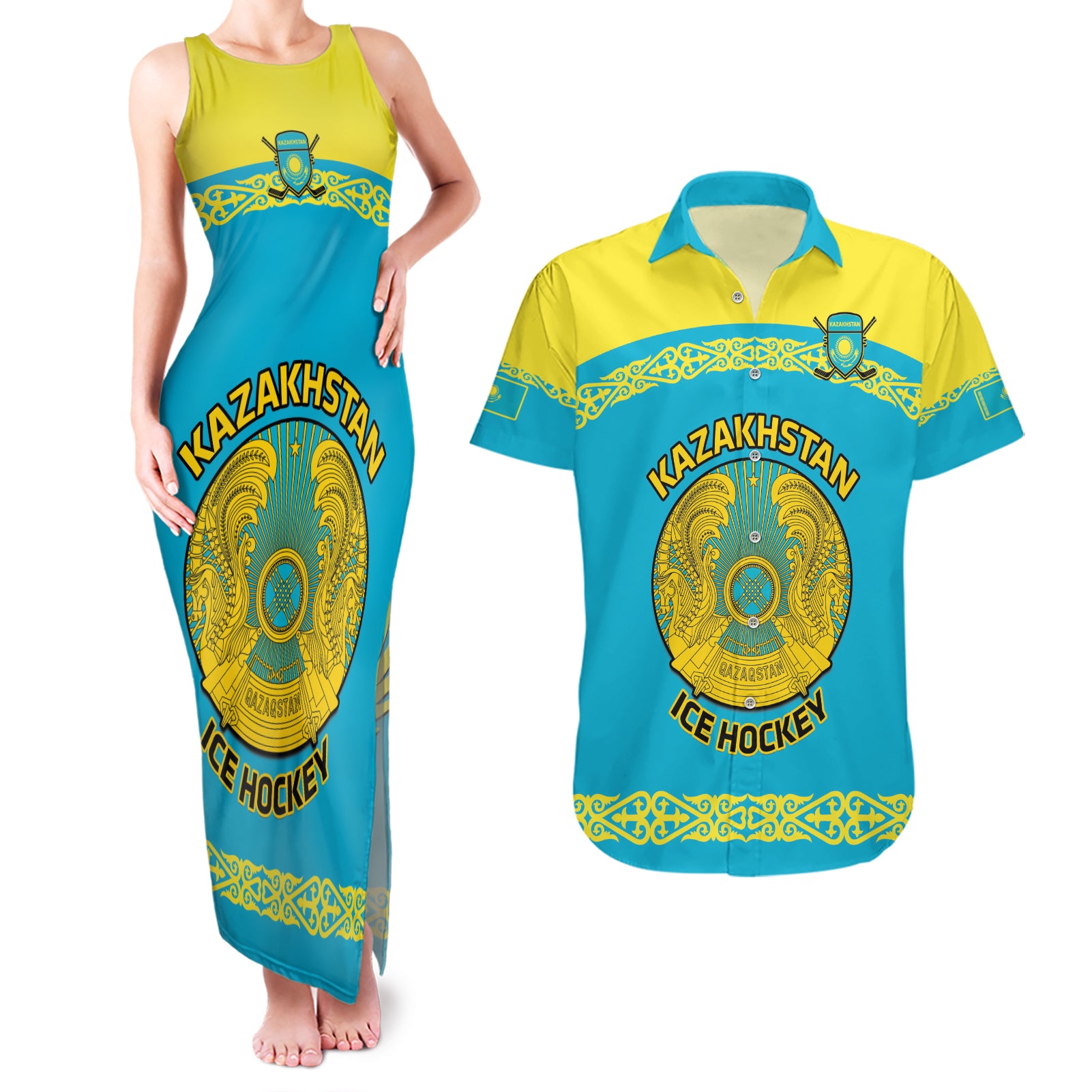 Custom Kazakhstan Hockey Couples Matching Tank Maxi Dress and Hawaiian Shirt 2024 Go Kazakh