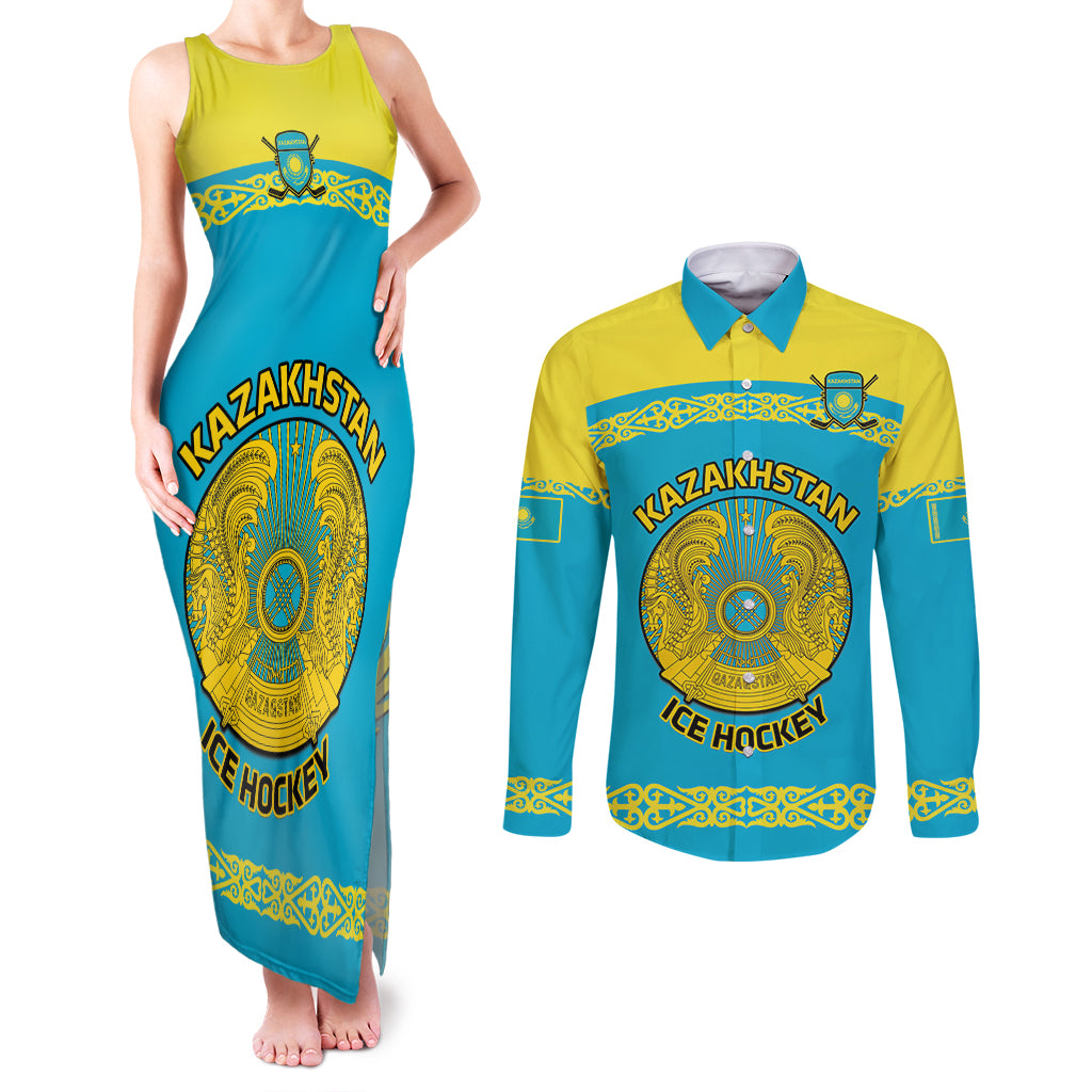 Custom Kazakhstan Hockey Couples Matching Tank Maxi Dress and Long Sleeve Button Shirt 2024 Go Kazakh - Wonder Print Shop