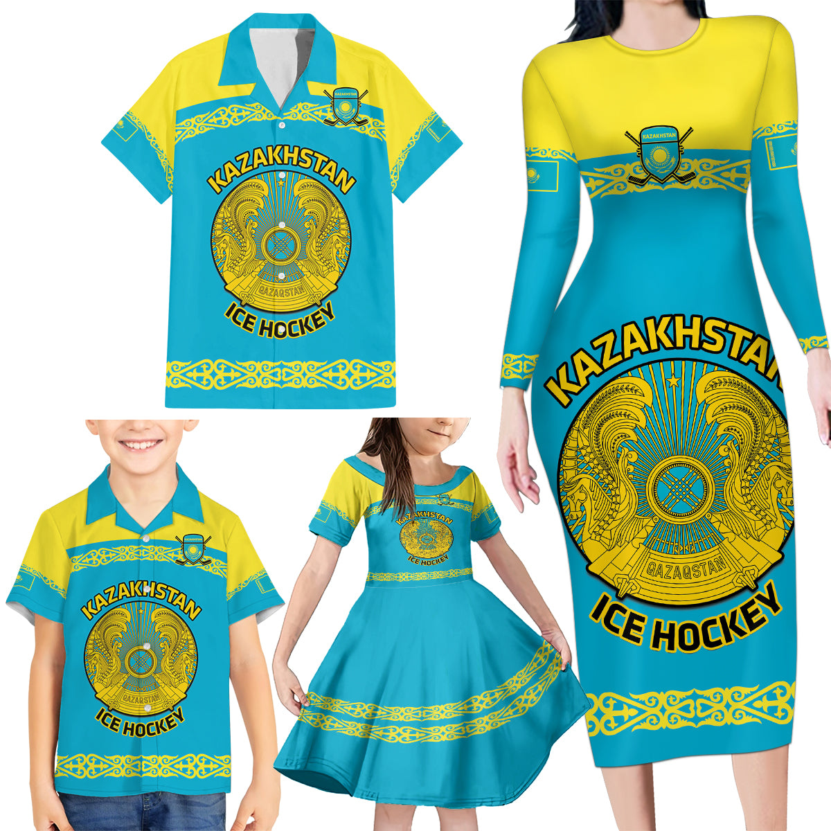 Custom Kazakhstan Hockey Family Matching Long Sleeve Bodycon Dress and Hawaiian Shirt 2024 Go Kazakh