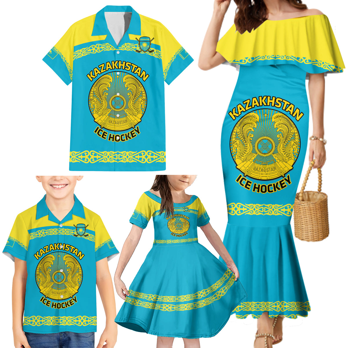 Custom Kazakhstan Hockey Family Matching Mermaid Dress and Hawaiian Shirt 2024 Go Kazakh