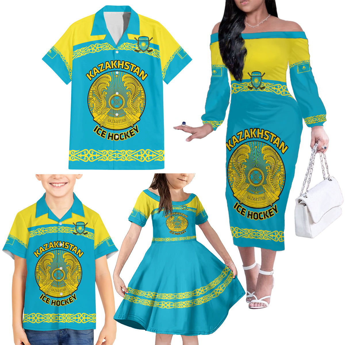 Custom Kazakhstan Hockey Family Matching Off The Shoulder Long Sleeve Dress and Hawaiian Shirt 2024 Go Kazakh