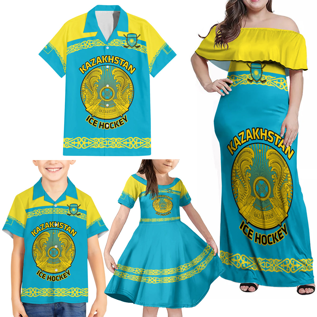 Custom Kazakhstan Hockey Family Matching Off Shoulder Maxi Dress and Hawaiian Shirt 2024 Go Kazakh