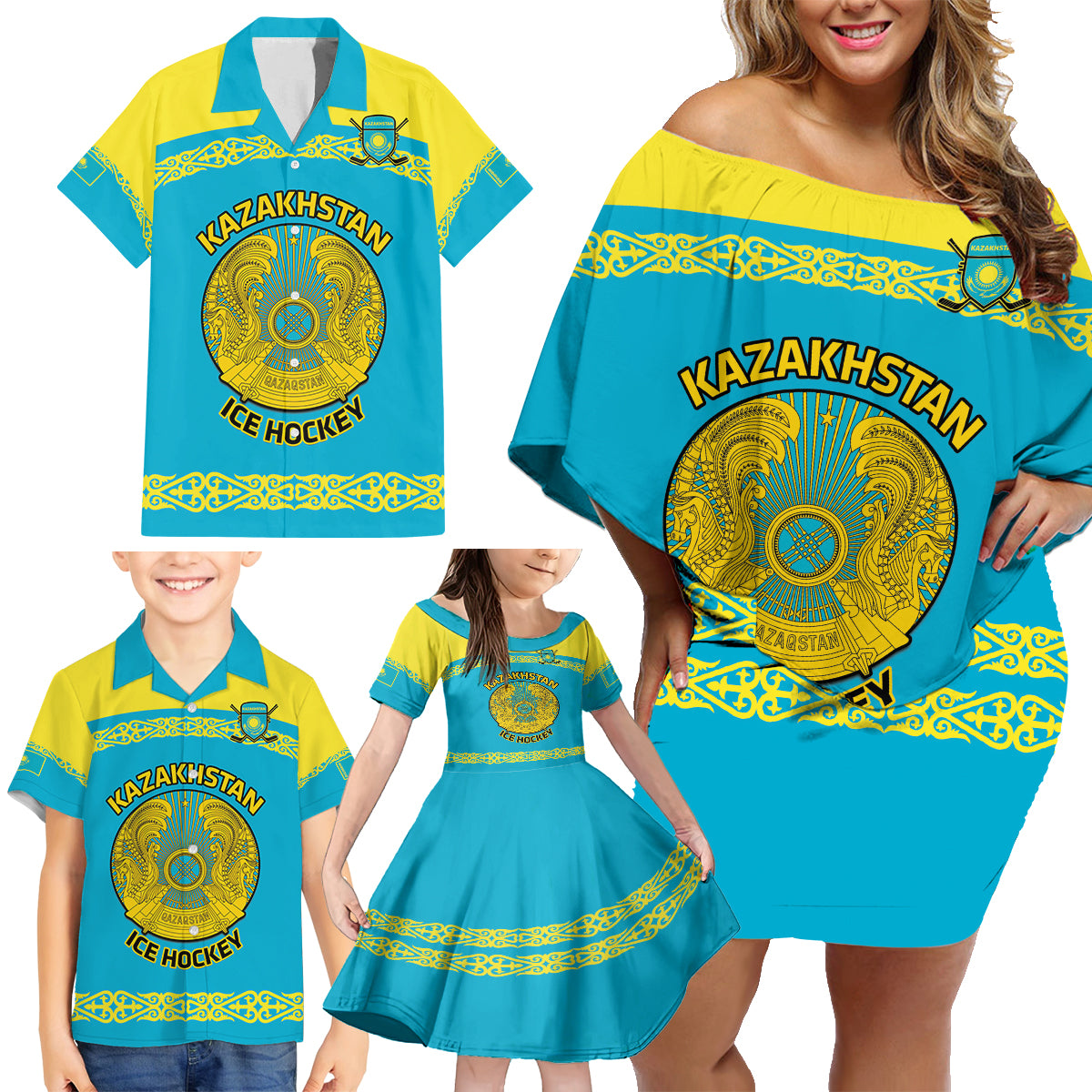 Custom Kazakhstan Hockey Family Matching Off Shoulder Short Dress and Hawaiian Shirt 2024 Go Kazakh