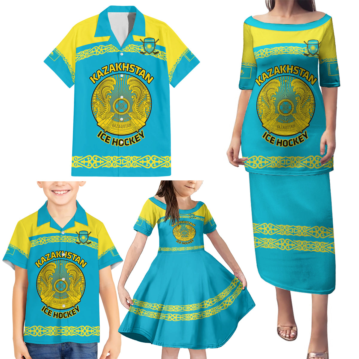 Custom Kazakhstan Hockey Family Matching Puletasi and Hawaiian Shirt 2024 Go Kazakh