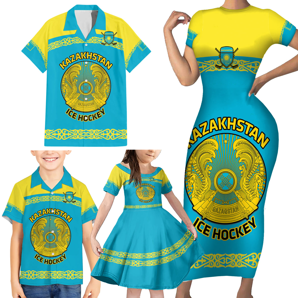 Custom Kazakhstan Hockey Family Matching Short Sleeve Bodycon Dress and Hawaiian Shirt 2024 Go Kazakh - Wonder Print Shop