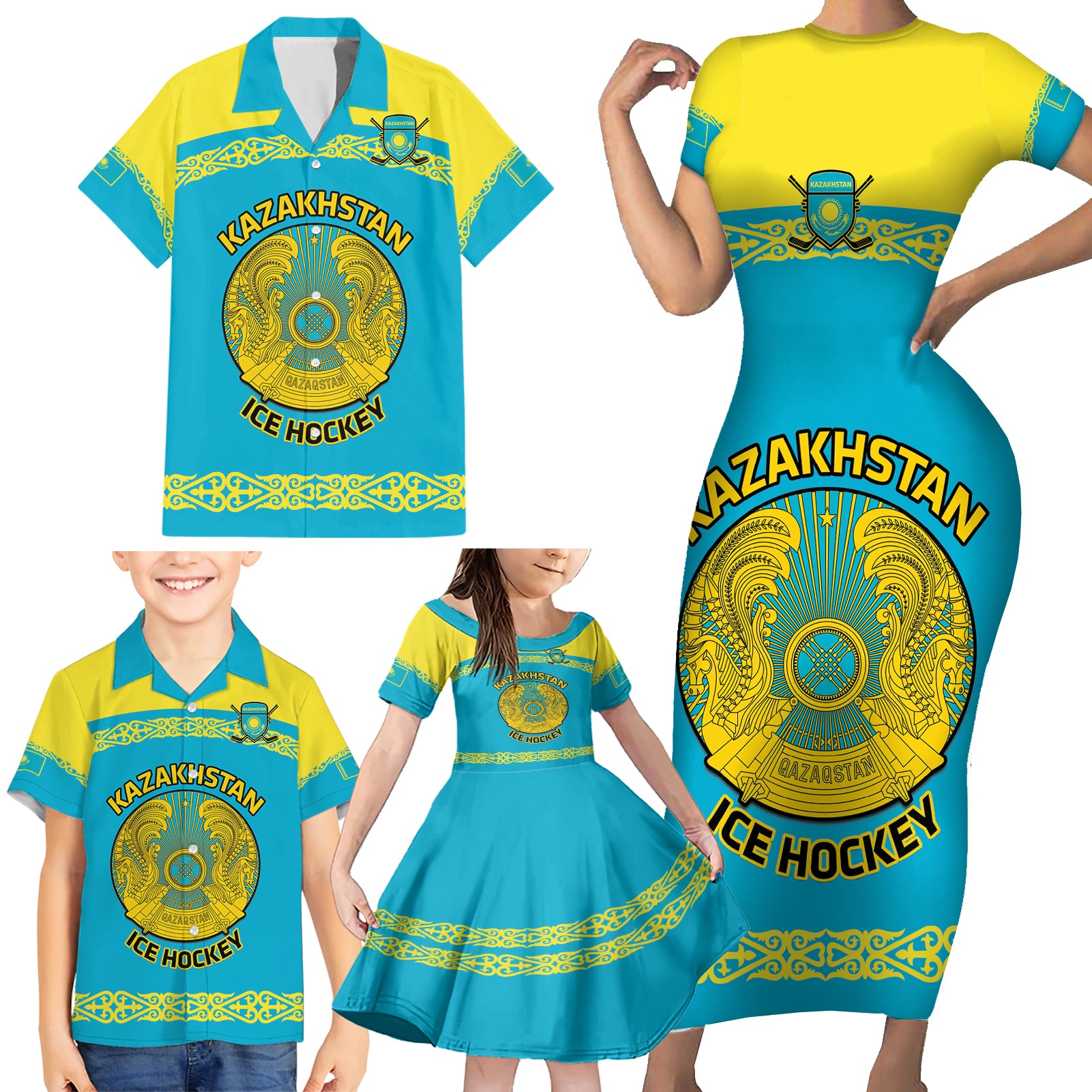 Custom Kazakhstan Hockey Family Matching Short Sleeve Bodycon Dress and Hawaiian Shirt 2024 Go Kazakh