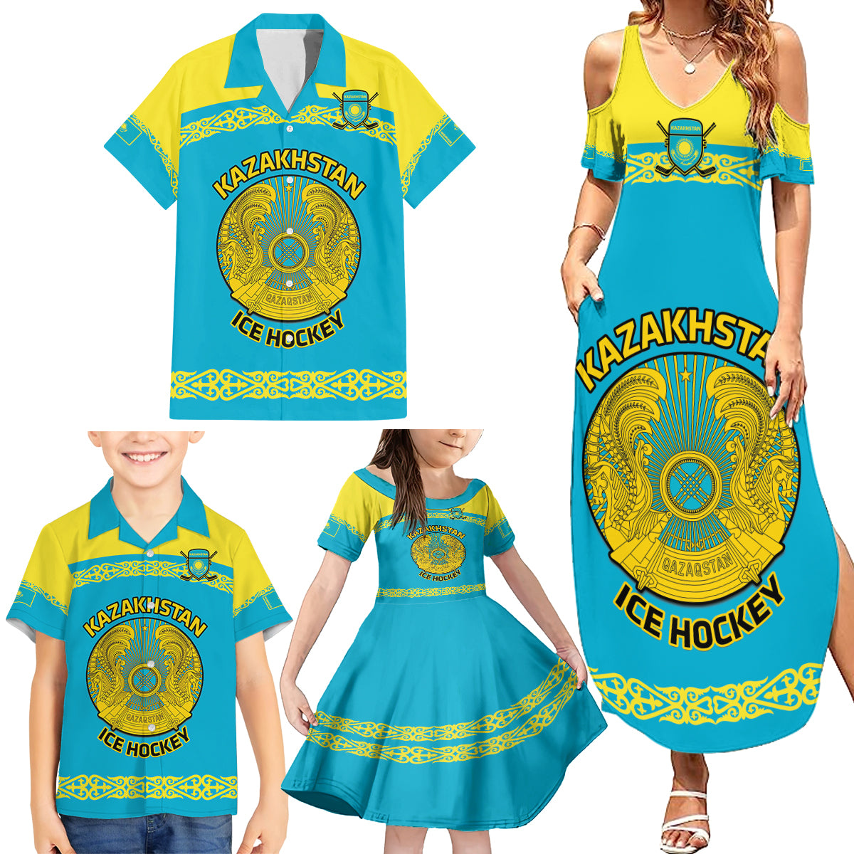 Custom Kazakhstan Hockey Family Matching Summer Maxi Dress and Hawaiian Shirt 2024 Go Kazakh