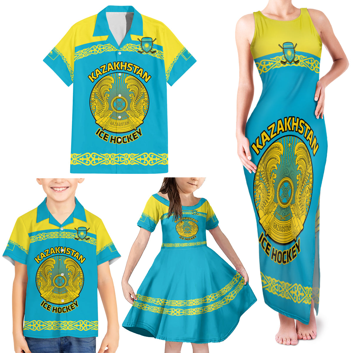 Custom Kazakhstan Hockey Family Matching Tank Maxi Dress and Hawaiian Shirt 2024 Go Kazakh
