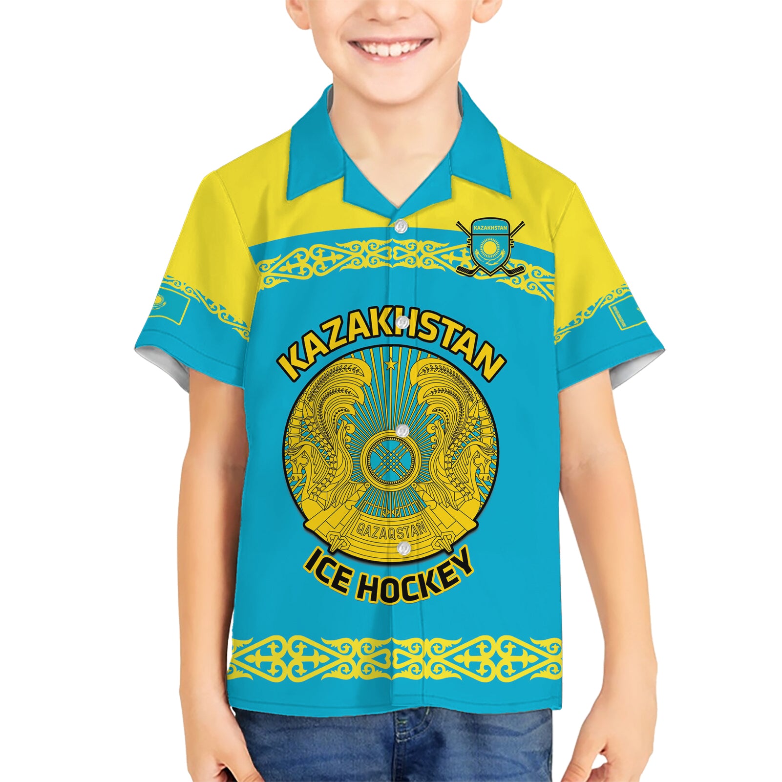 Custom Kazakhstan Hockey Kid Hawaiian Shirt 2024 Go Kazakh