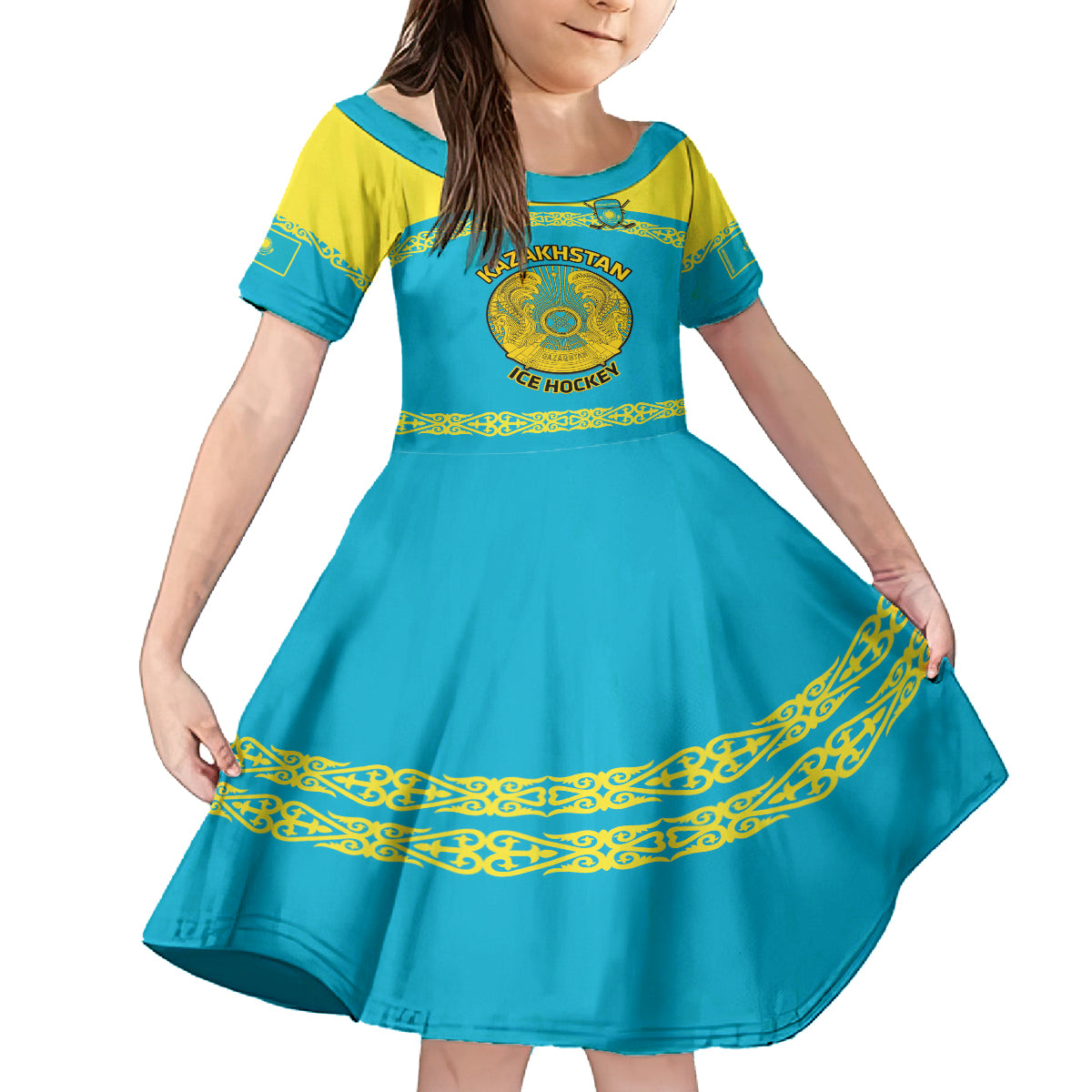 Custom Kazakhstan Hockey Kid Short Sleeve Dress 2024 Go Kazakh - Wonder Print Shop