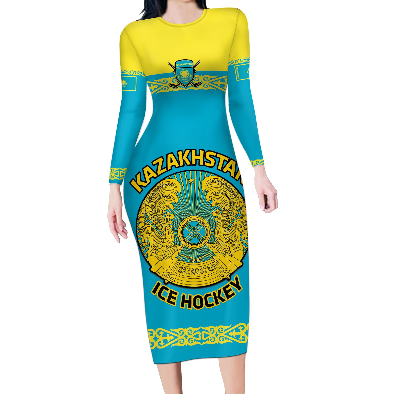 Custom Kazakhstan Hockey Long Sleeve Bodycon Dress 2024 Go Kazakh