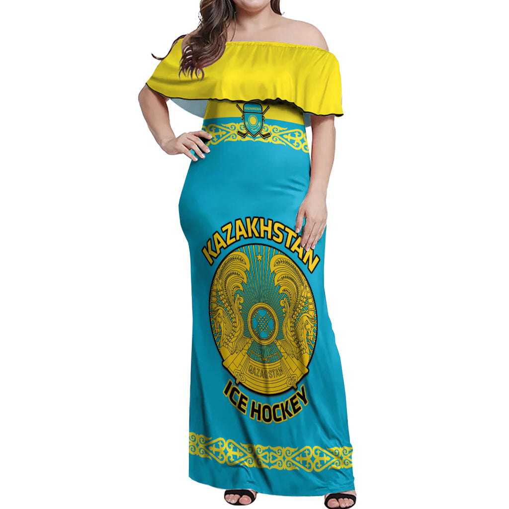 Custom Kazakhstan Hockey Off Shoulder Maxi Dress 2024 Go Kazakh