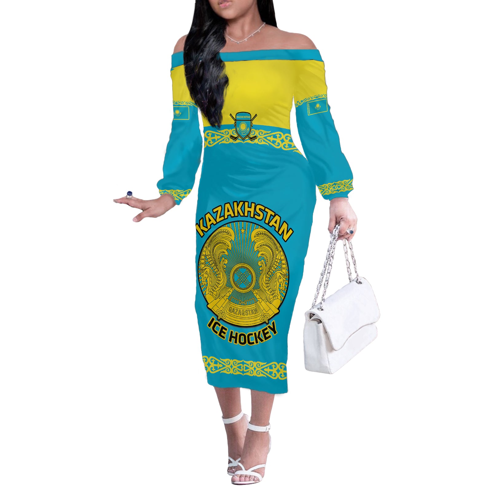 Custom Kazakhstan Hockey Off The Shoulder Long Sleeve Dress 2024 Go Kazakh