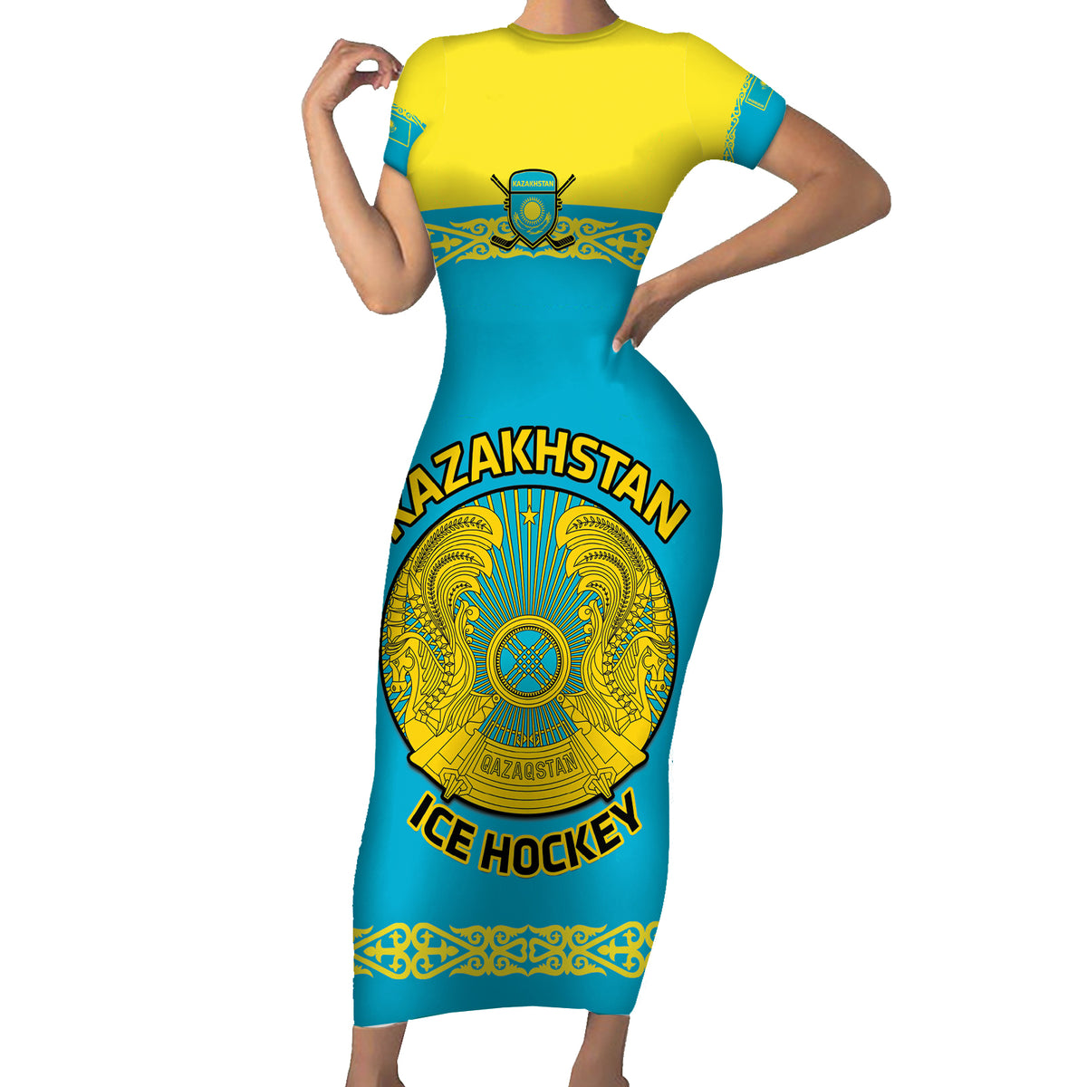 Custom Kazakhstan Hockey Short Sleeve Bodycon Dress 2024 Go Kazakh - Wonder Print Shop