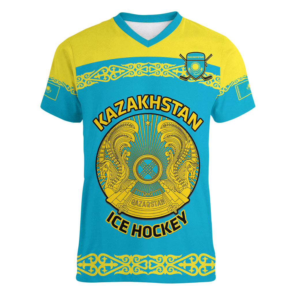Custom Kazakhstan Hockey Women V-Neck T-Shirt 2024 Go Kazakh - Wonder Print Shop