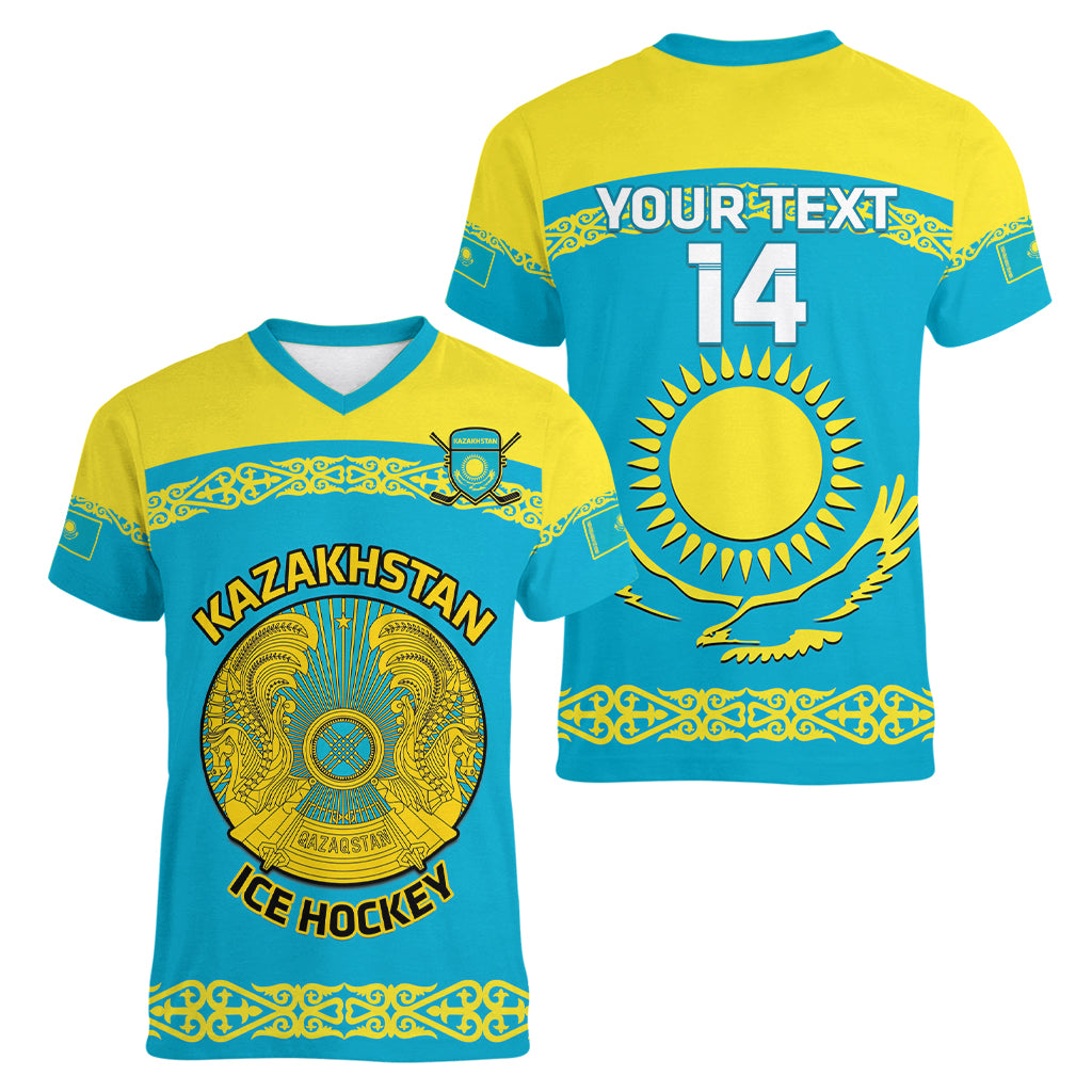 Custom Kazakhstan Hockey Women V-Neck T-Shirt 2024 Go Kazakh - Wonder Print Shop