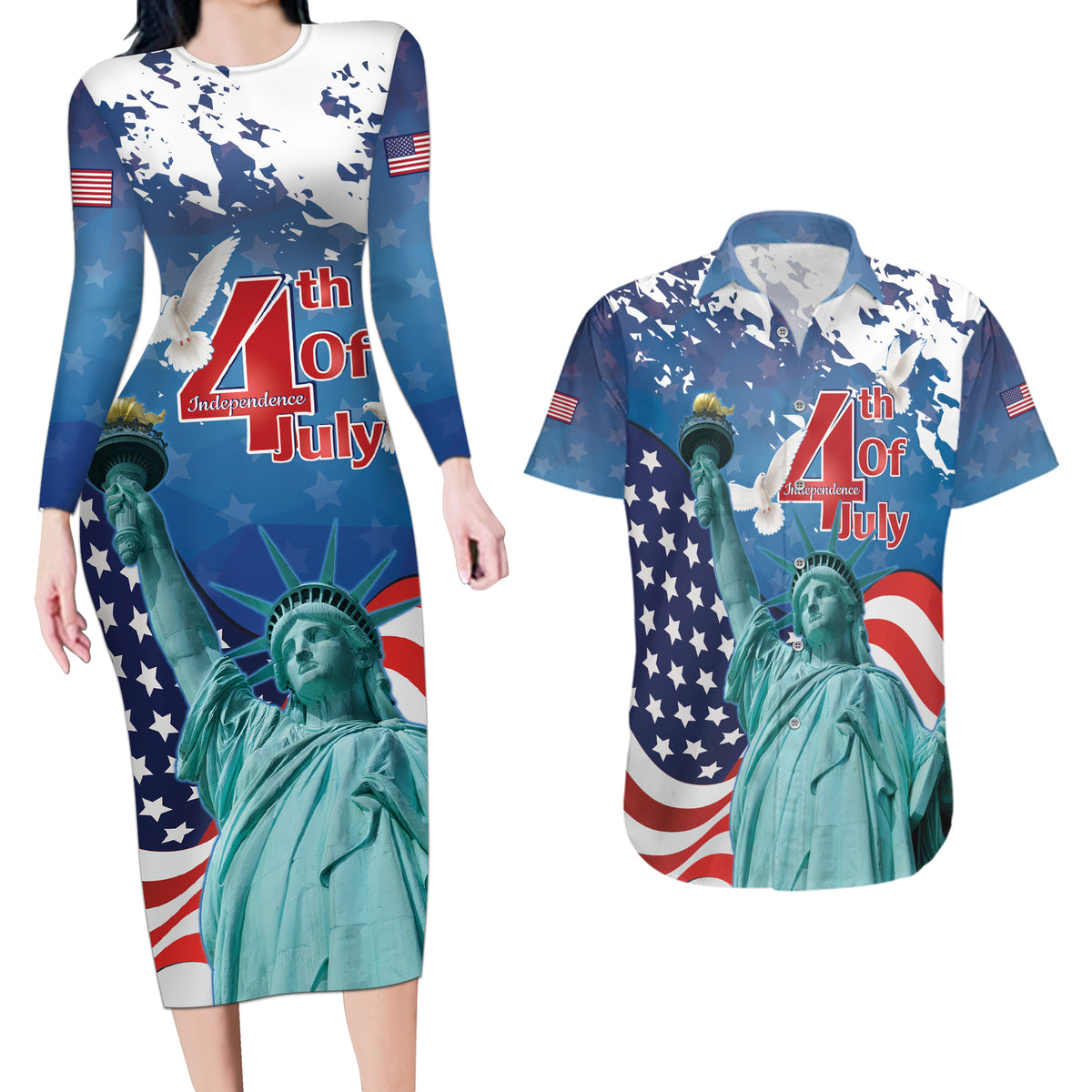 United States 4th Of July Couples Matching Long Sleeve Bodycon Dress and Hawaiian Shirt USA Statue of Liberty Proud - Wonder Print Shop