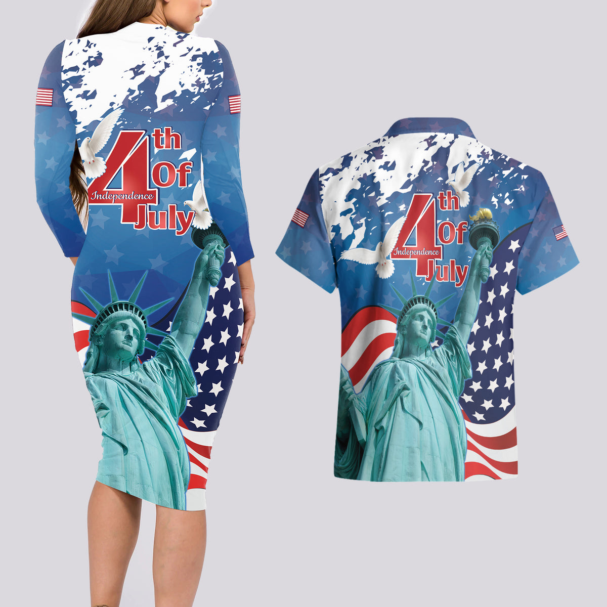 United States 4th Of July Couples Matching Long Sleeve Bodycon Dress and Hawaiian Shirt USA Statue of Liberty Proud - Wonder Print Shop