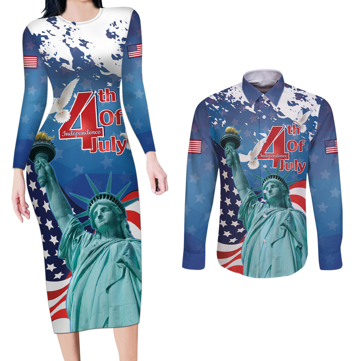 United States 4th Of July Couples Matching Long Sleeve Bodycon Dress and Long Sleeve Button Shirt USA Statue of Liberty Proud - Wonder Print Shop