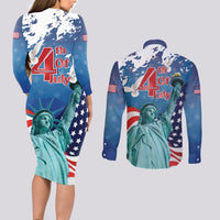 United States 4th Of July Couples Matching Long Sleeve Bodycon Dress and Long Sleeve Button Shirt USA Statue of Liberty Proud - Wonder Print Shop